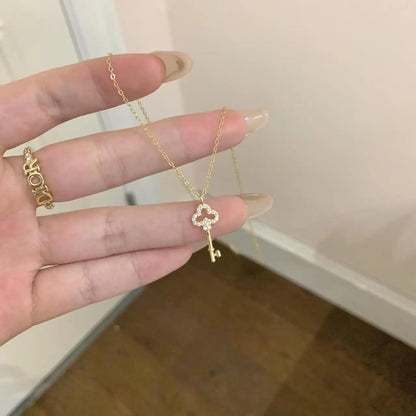 Light Luxury 925 Sterling Silver Plated 14K Gold Zircon Key Pendant Choker Necklace Female Cute Temperament Fine Jewelry - Floq & Raman