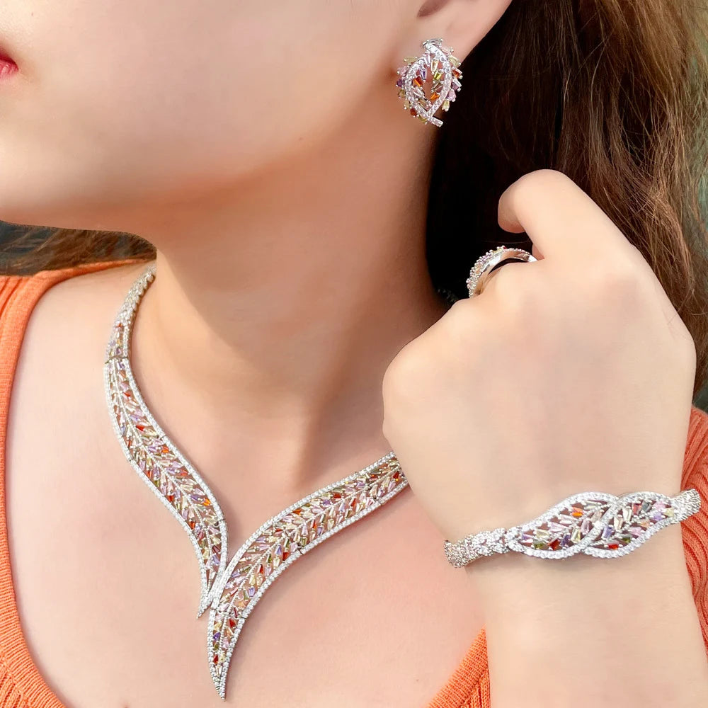 4Pcs Multicolor Cubic Zirconia Leaf Jewelry Set for Women | Luxury Bridal Wedding Necklace & Earrings Set | Pave Setting - Floq & Raman