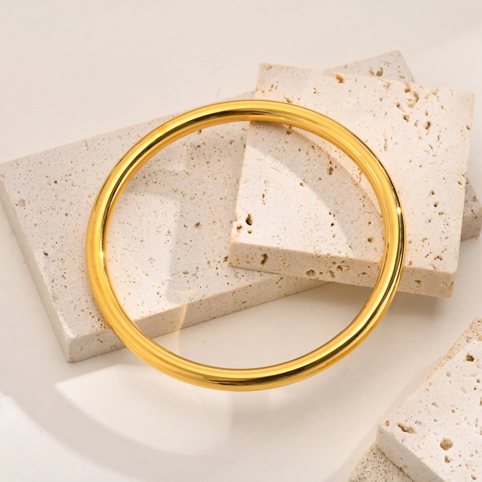 Stackable Stainless Steel Bangle Bracelet for Women, 3mm Round 18k Gold Plated Minimalist Jewelry Sister Best Friend Gift - Floq & Raman