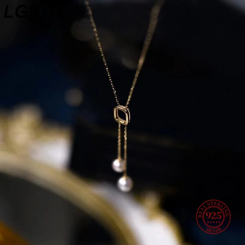 Japanese S925 Sterling Silver Double Pearl Necklace Y-shaped Long Tassel Premium Light Fashion Sweater Chain - Floq & Raman