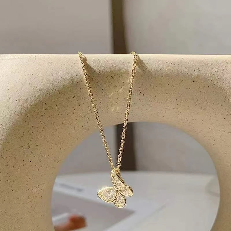 S925 Sterling Silver Butterfly Necklace 18K Gold Plated Korean Style Diamond Embedded Luxury Ins Popular Clavicle Chain - Floq & Raman