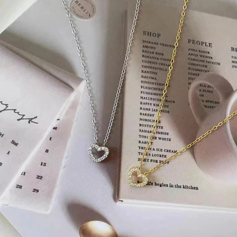 100% 925 Sterling Silver Simple Zircon Heart Pendant Clavicle Chain Necklace Women Classic Fashion 14k Gold Plating Jewelry - Floq & Raman