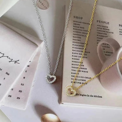 100% 925 Sterling Silver Simple Zircon Heart Pendant Clavicle Chain Necklace Women Classic Fashion 14k Gold Plating Jewelry - Floq & Raman