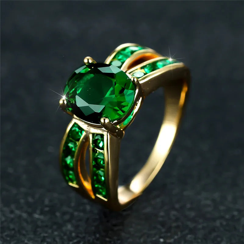 Luxury Crystal Oval Charm Gold Engagement Ring for Women | Dainty Green Zircon Wedding Band | Elegant Wedding Jewelry - Floq & Raman