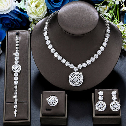 Elegant 4-Piece Wedding Jewelry Set for Women | African Zirconia Round Necklace, Bracelet, Earrings & Ring Bridal Set - Floq & Raman