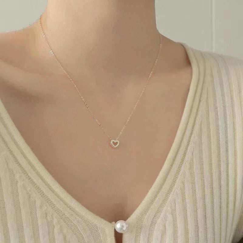 100% 925 Sterling Silver Simple Zircon Heart Pendant Clavicle Chain Necklace Women Classic Fashion 14k Gold Plating Jewelry - Floq & Raman