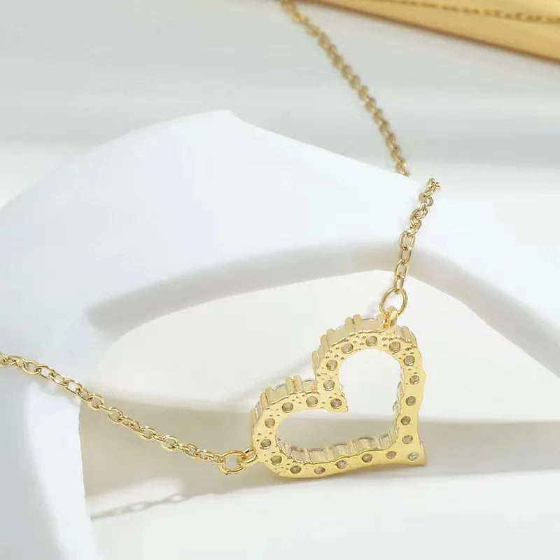 925 Sterling Silver Full Zircon Hollow Heart Pendant Necklaces for Women Party Cute Fine Jewelry Minimalist Accessories - Floq & Raman