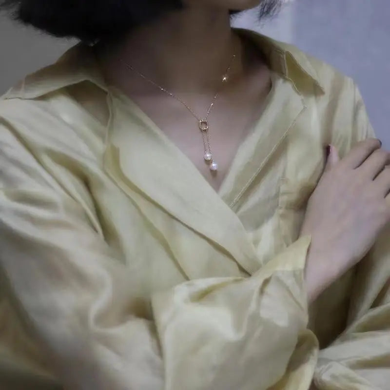 Japanese S925 Sterling Silver Double Pearl Necklace Y-shaped Long Tassel Premium Light Fashion Sweater Chain - Floq & Raman