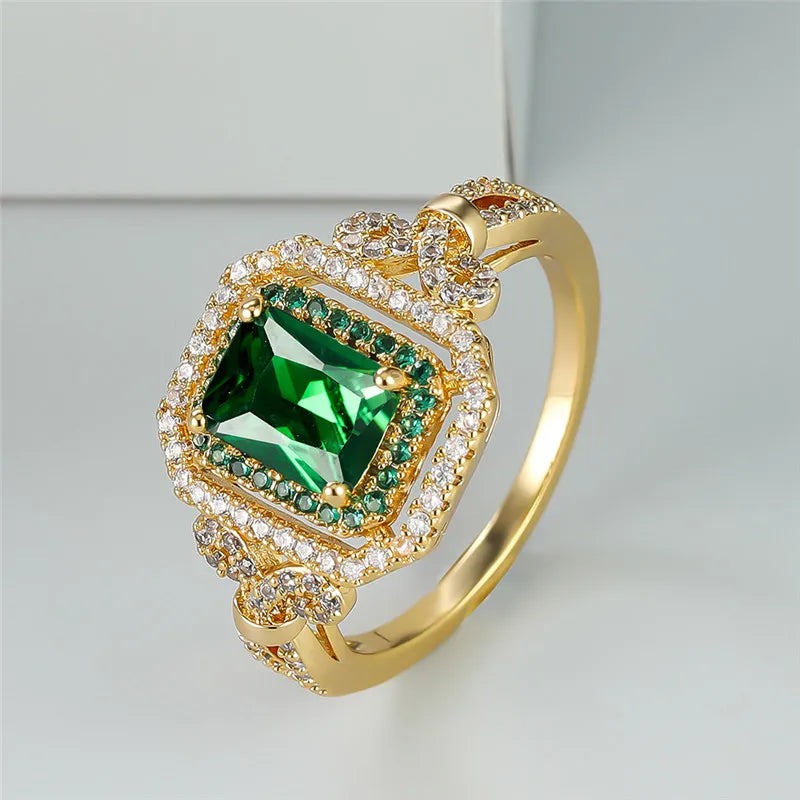 Luxury Green Zircon Square Stone Ring for Women | Classic Gold Color Engagement & Wedding Band | Minimalist Crystal Jewelry - Floq & Raman