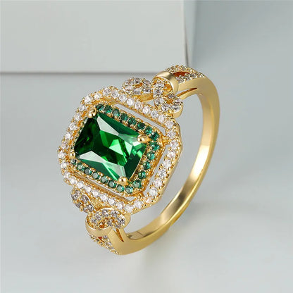 Luxury Green Zircon Square Stone Ring for Women | Classic Gold Color Engagement & Wedding Band | Minimalist Crystal Jewelry - Floq & Raman