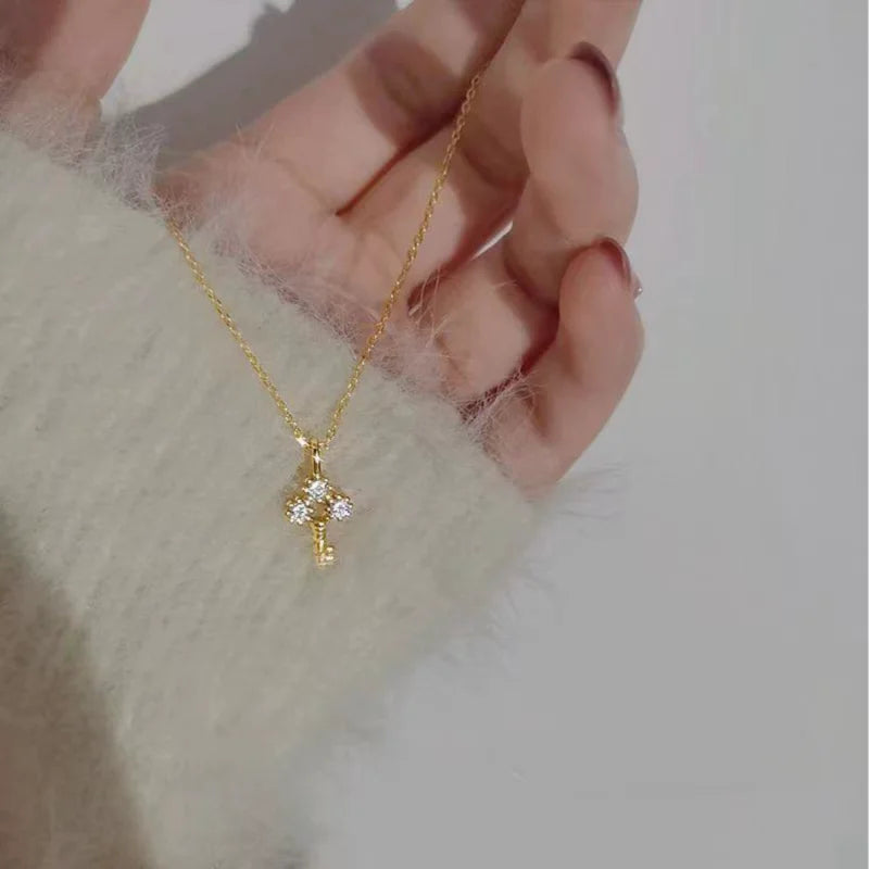 100% S925 Sterling Silver Plating 14K Gold Necklace for Women Zircon Key light luxury Mini Clavicle Chain - Floq & Raman