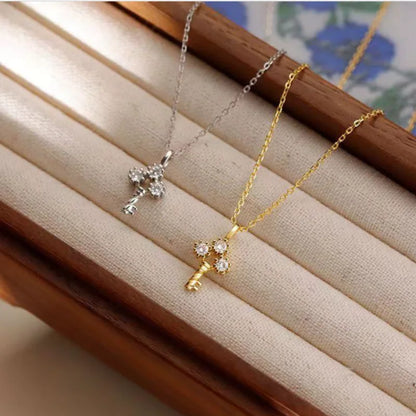 100% S925 Sterling Silver Plating 14K Gold Necklace for Women Zircon Key light luxury Mini Clavicle Chain - Floq & Raman