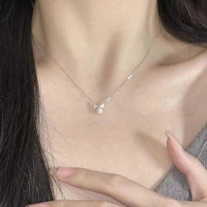 Real 925 Sterling Silver Zircon CZ Bowknot Pearl Choker Necklace for Women Cute Fine Jewelry Minimalist Accessories - Floq & Raman