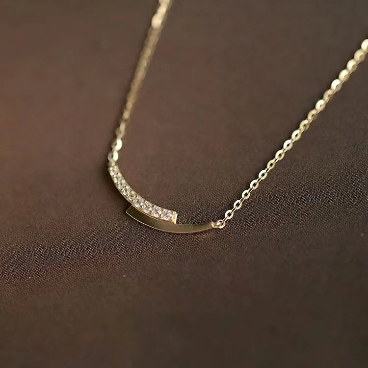 925 Sterling Silver 14K Gold Necklace Simple Glossy Flashing Diamond Arc Clavicle Chain Woman Simple Gift Temperament Jewelry - Floq & Raman