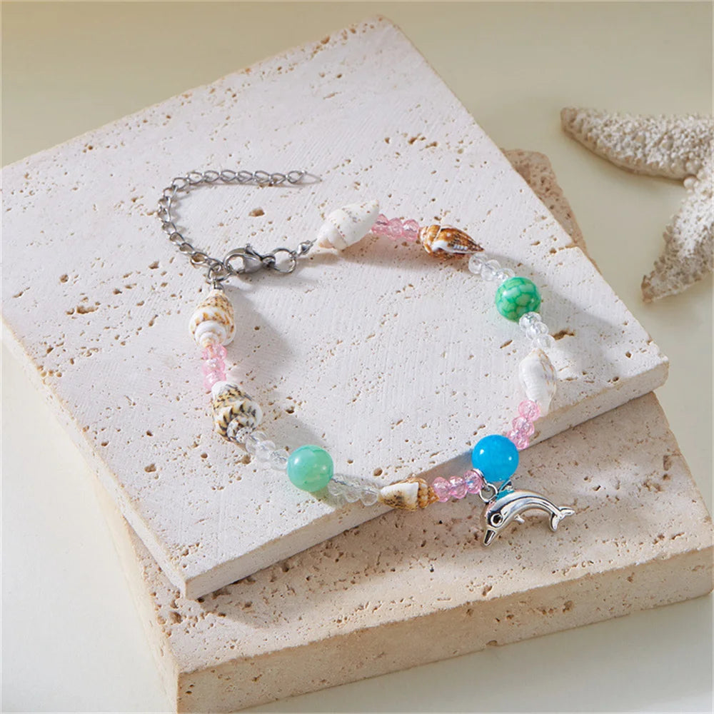 Dolphin, Starfish & Shell Pendant Bracelet – Conch Beads, Zinc Alloy, Adjustable | Summer Jewelry for Women - Floq & Raman