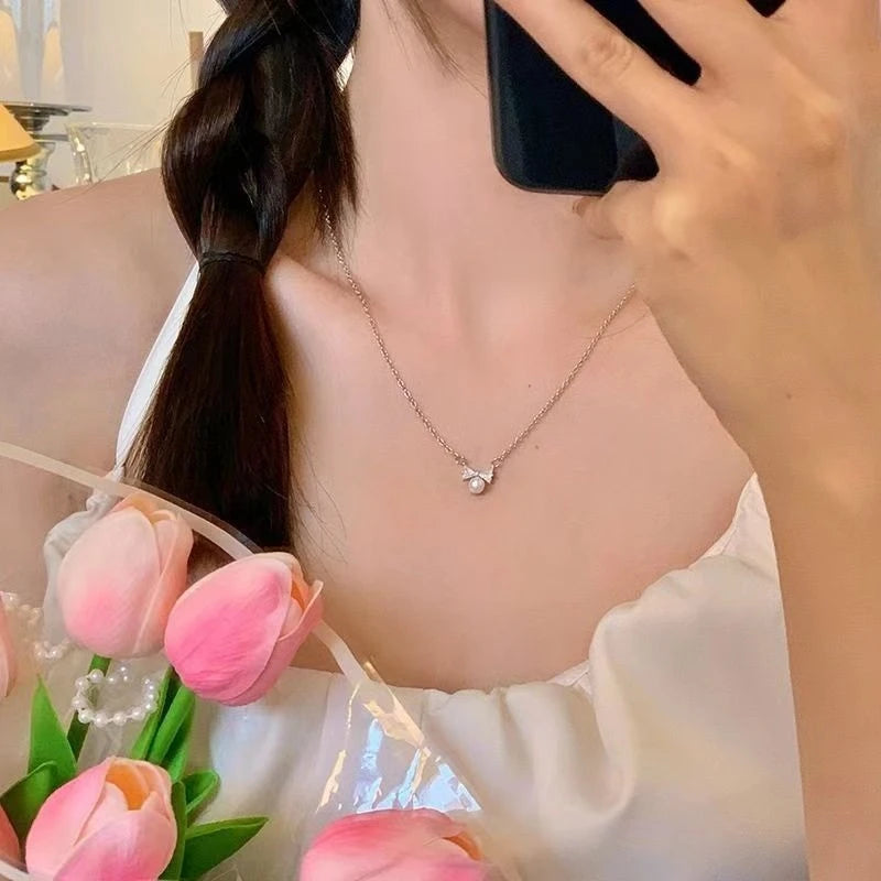 Real 925 Sterling Silver Zircon CZ Bowknot Pearl Choker Necklace for Women Cute Fine Jewelry Minimalist Accessories - Floq & Raman