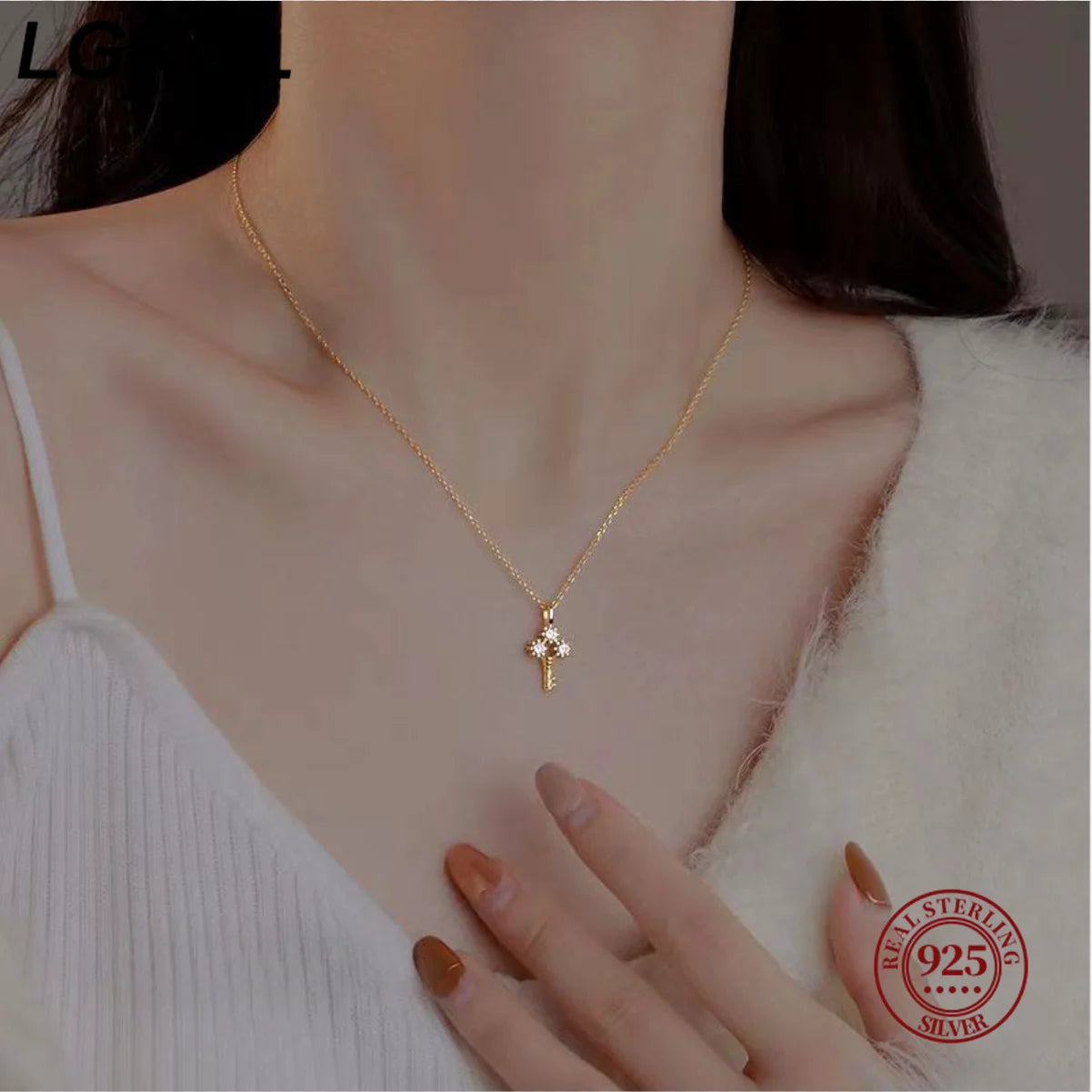 100% S925 Sterling Silver Plating 14K Gold Necklace for Women Zircon Key light luxury Mini Clavicle Chain - Floq & Raman