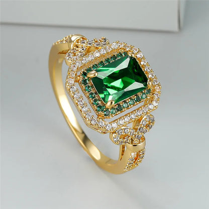 Luxury Green Zircon Square Stone Ring for Women | Classic Gold Color Engagement & Wedding Band | Minimalist Crystal Jewelry - Floq & Raman