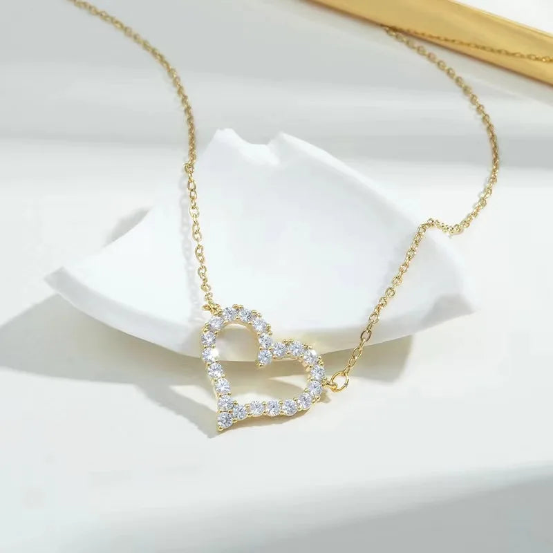 925 Sterling Silver Full Zircon Hollow Heart Pendant Necklaces for Women Party Cute Fine Jewelry Minimalist Accessories - Floq & Raman
