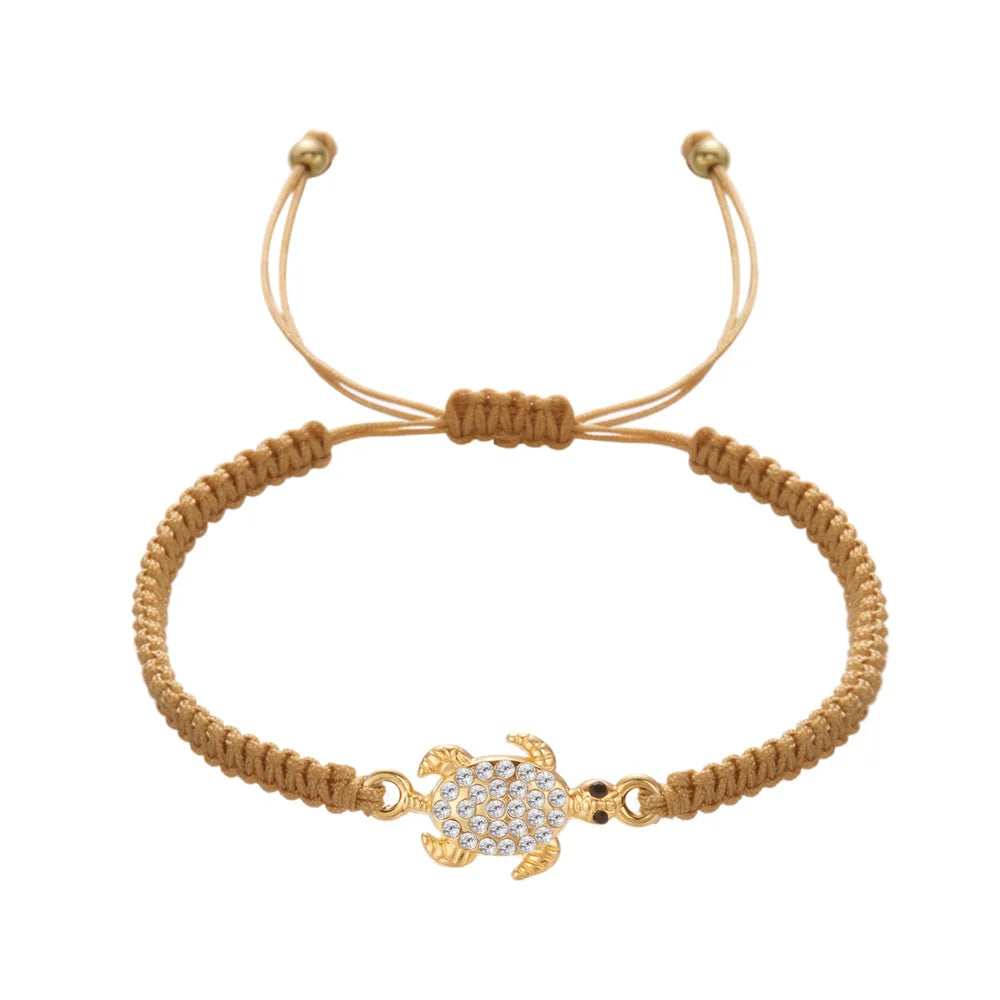 Women’s Adjustable Sea Turtle Bracelet – Gold Color, Rhinestones, Hand-Knitted Rope Chain | Summer Gifts - Floq & Raman