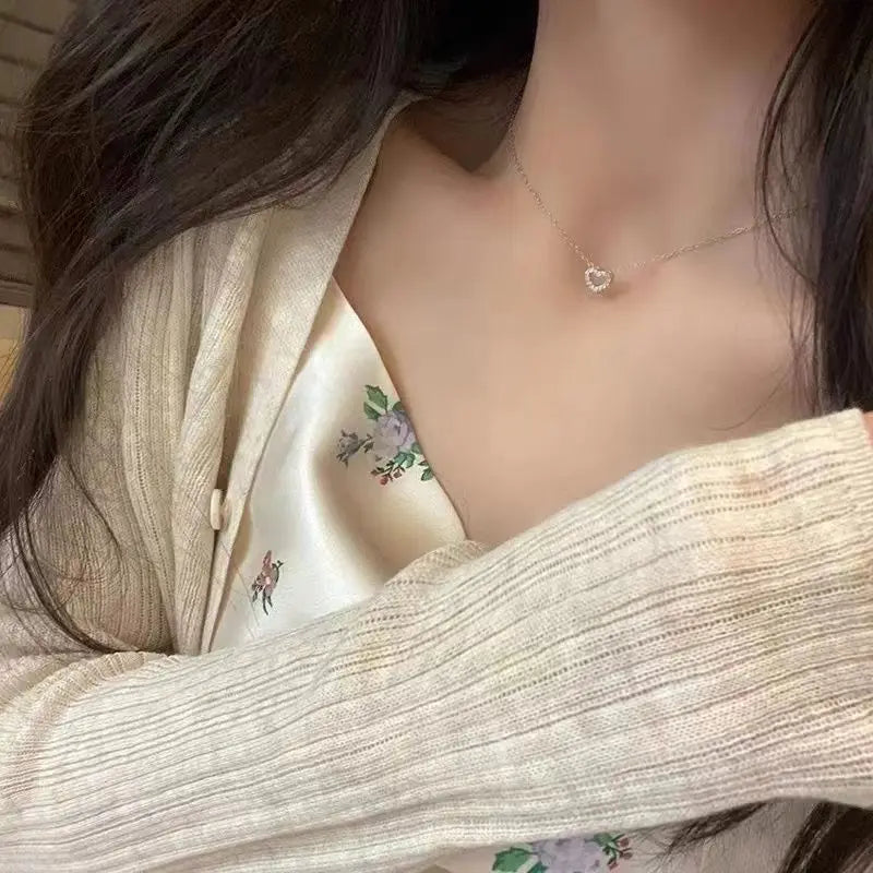 100% 925 Sterling Silver Simple Zircon Heart Pendant Clavicle Chain Necklace Women Classic Fashion 14k Gold Plating Jewelry - Floq & Raman