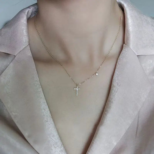 925 sterling silver cross necklace with 14k gold plated simple mini pendant clavicle chain versatile 2025 new style - Floq & Raman