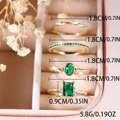 Luxury 4-Piece Green Zircon Stone Ring Set for Women | Trendy Yellow Gold Engagement & Wedding Rings | Elegant Bride Jewelry Gift - Floq & Raman