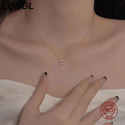 100% 925 Sterling Silver Simple Zircon Heart Pendant Clavicle Chain Necklace Women Classic Fashion 14k Gold Plating Jewelry - Floq & Raman