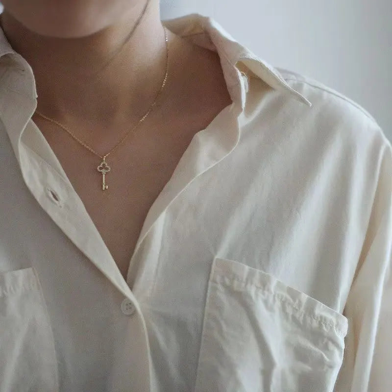 Light Luxury 925 Sterling Silver Plated 14K Gold Zircon Key Pendant Choker Necklace Female Cute Temperament Fine Jewelry - Floq & Raman