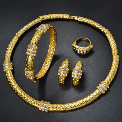 Luxury 18k Gold-Plated Women's Jewelry 4-Piece Round Necklace Bracelet Earrings Ring Gold Classic Dubai Wedding Gift - Floq & Raman