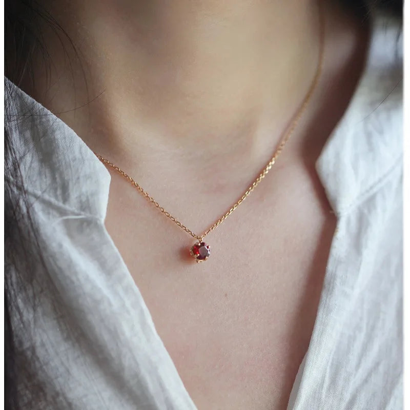 S925 Sterling Silver 14K Gold Plated Pomegranate Red Zircon Pendant Necklace Clavicle Chain Gift for Women Vintage Elegant - Floq & Raman