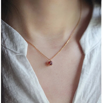 S925 Sterling Silver 14K Gold Plated Pomegranate Red Zircon Pendant Necklace Clavicle Chain Gift for Women Vintage Elegant - Floq & Raman