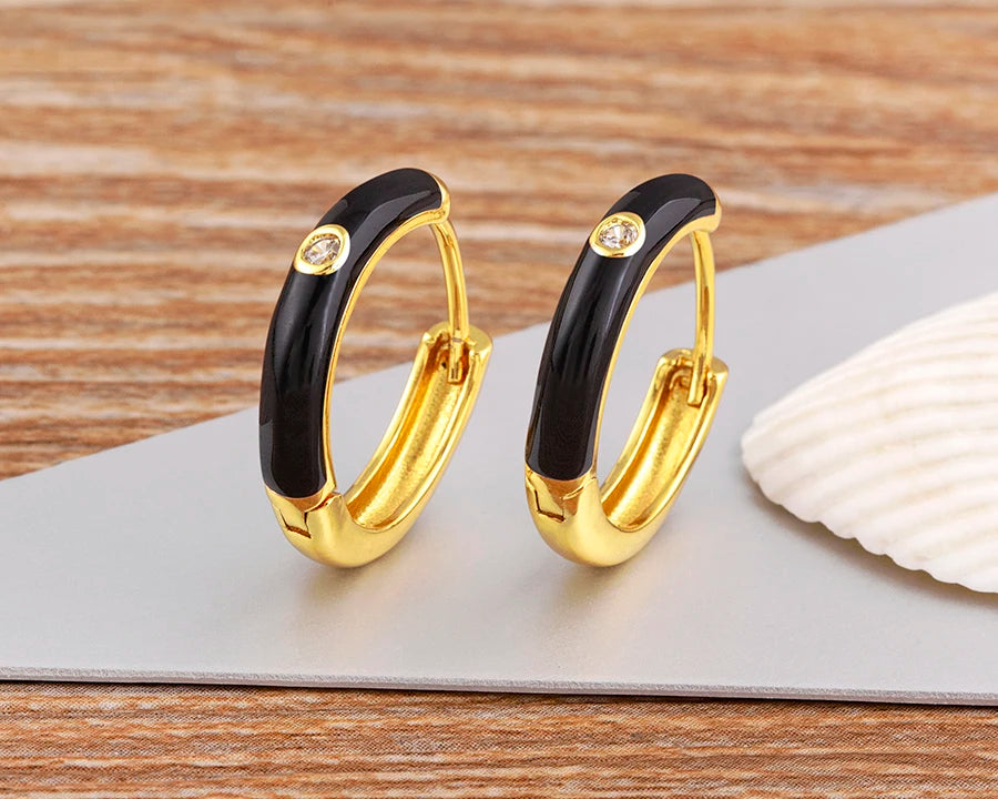 New Minimalist Candy Colors Enamel Round Hoop Earrings for Women Zircon Piercing Cartilage Huggie Ear Jewelry Wedding Gift - Floq & Raman