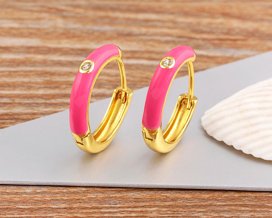 New Minimalist Candy Colors Enamel Round Hoop Earrings for Women Zircon Piercing Cartilage Huggie Ear Jewelry Wedding Gift - Floq & Raman