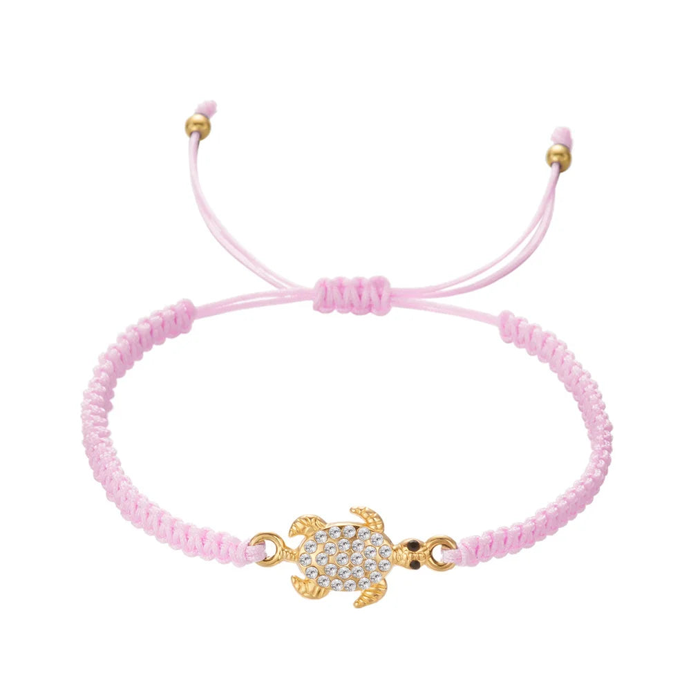 Women’s Adjustable Sea Turtle Bracelet – Gold Color, Rhinestones, Hand-Knitted Rope Chain | Summer Gifts - Floq & Raman