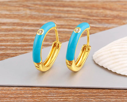New Minimalist Candy Colors Enamel Round Hoop Earrings for Women Zircon Piercing Cartilage Huggie Ear Jewelry Wedding Gift - Floq & Raman
