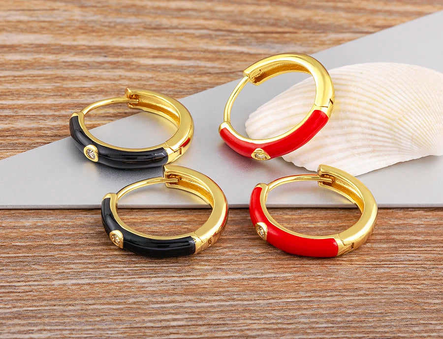 New Minimalist Candy Colors Enamel Round Hoop Earrings for Women Zircon Piercing Cartilage Huggie Ear Jewelry Wedding Gift - Floq & Raman