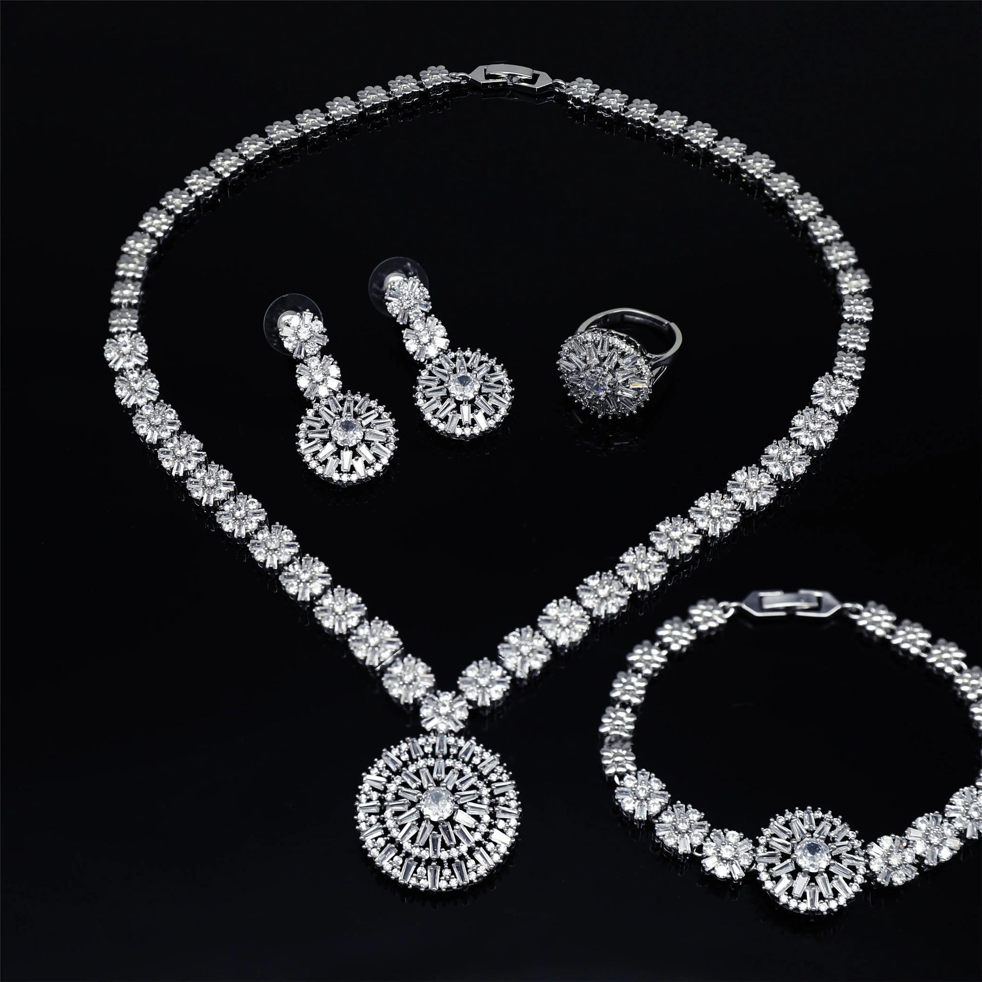 Elegant 4-Piece Wedding Jewelry Set for Women | African Zirconia Round Necklace, Bracelet, Earrings & Ring Bridal Set - Floq & Raman