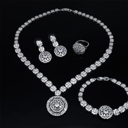 Elegant 4-Piece Wedding Jewelry Set for Women | African Zirconia Round Necklace, Bracelet, Earrings & Ring Bridal Set - Floq & Raman