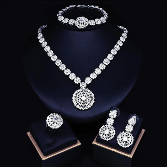 Elegant 4-Piece Wedding Jewelry Set for Women | African Zirconia Round Necklace, Bracelet, Earrings & Ring Bridal Set - Floq & Raman