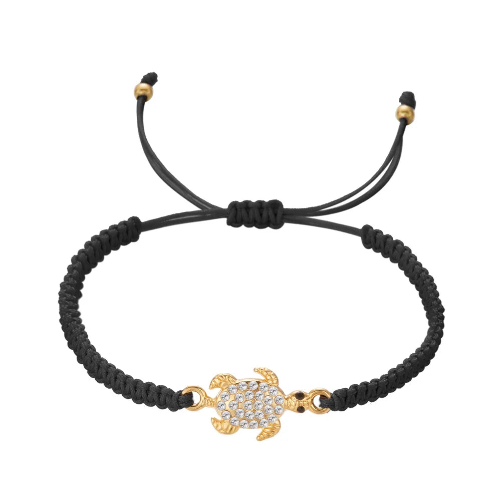 Women’s Adjustable Sea Turtle Bracelet – Gold Color, Rhinestones, Hand-Knitted Rope Chain | Summer Gifts - Floq & Raman