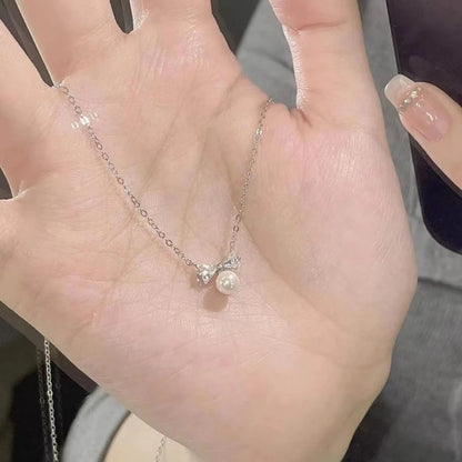 Real 925 Sterling Silver Zircon CZ Bowknot Pearl Choker Necklace for Women Cute Fine Jewelry Minimalist Accessories - Floq & Raman