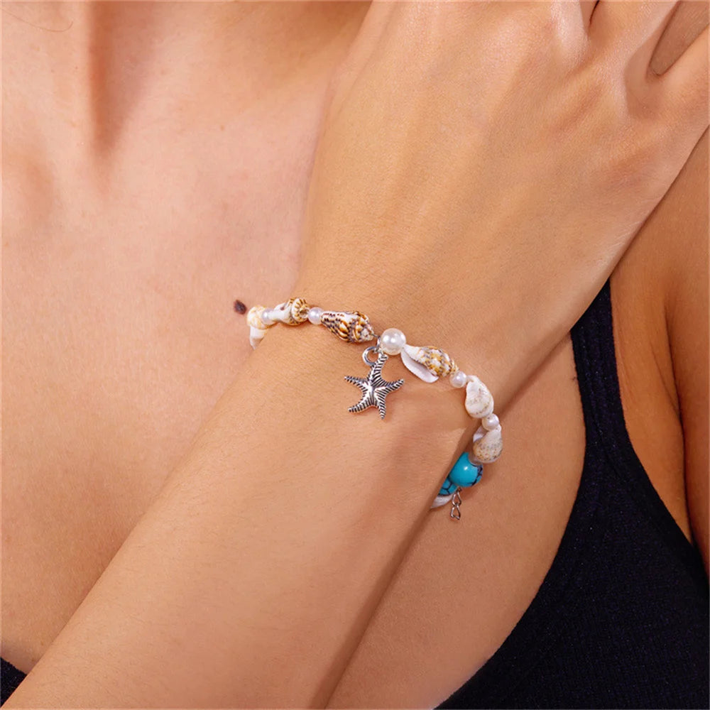 Dolphin, Starfish & Shell Pendant Bracelet – Conch Beads, Zinc Alloy, Adjustable | Summer Jewelry for Women - Floq & Raman