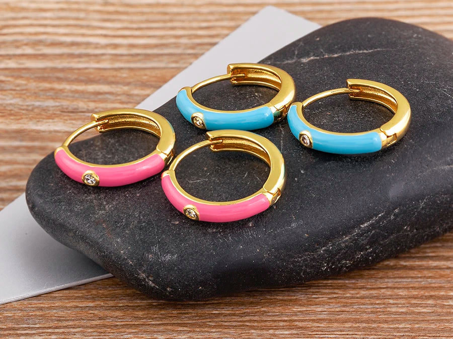 New Minimalist Candy Colors Enamel Round Hoop Earrings for Women Zircon Piercing Cartilage Huggie Ear Jewelry Wedding Gift - Floq & Raman