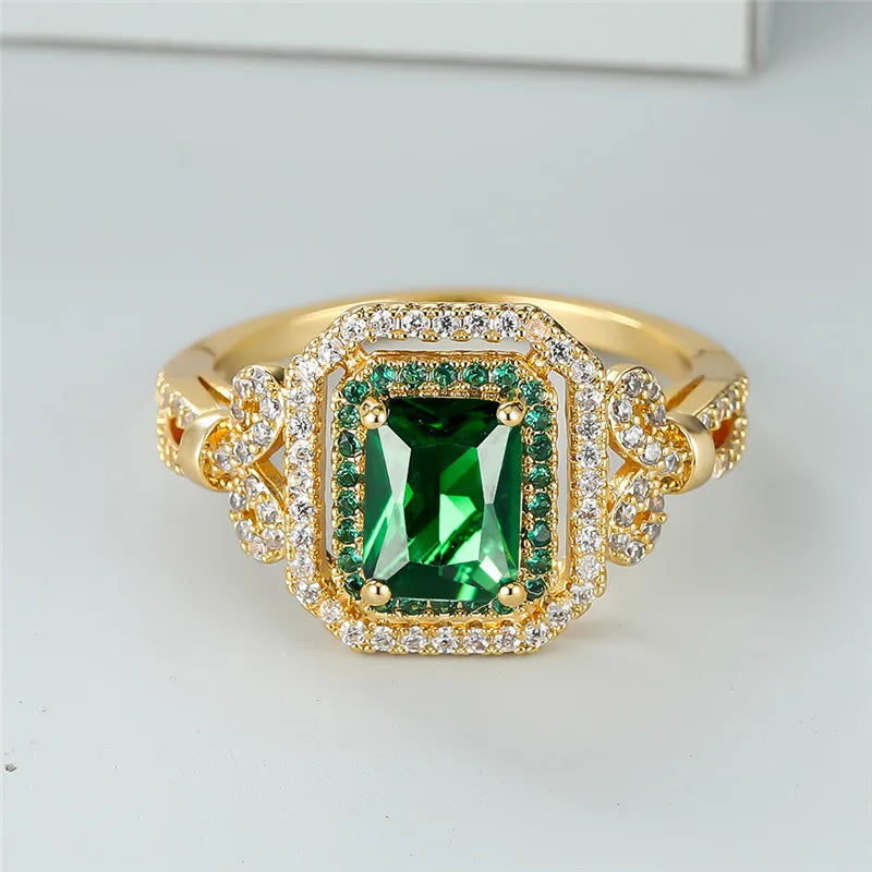 Luxury Green Zircon Square Stone Ring for Women | Classic Gold Color Engagement & Wedding Band | Minimalist Crystal Jewelry - Floq & Raman
