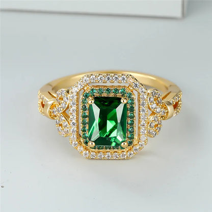 Luxury Green Zircon Square Stone Ring for Women | Classic Gold Color Engagement & Wedding Band | Minimalist Crystal Jewelry - Floq & Raman