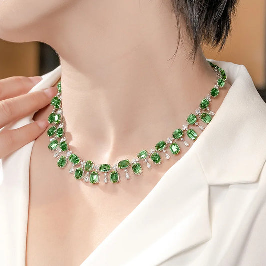 NEW Simulation Green Tourmaline Choker Necklace For Women Wedding Accessories Silver Color Chain European Design Chokers Jewelry - Floq & Raman