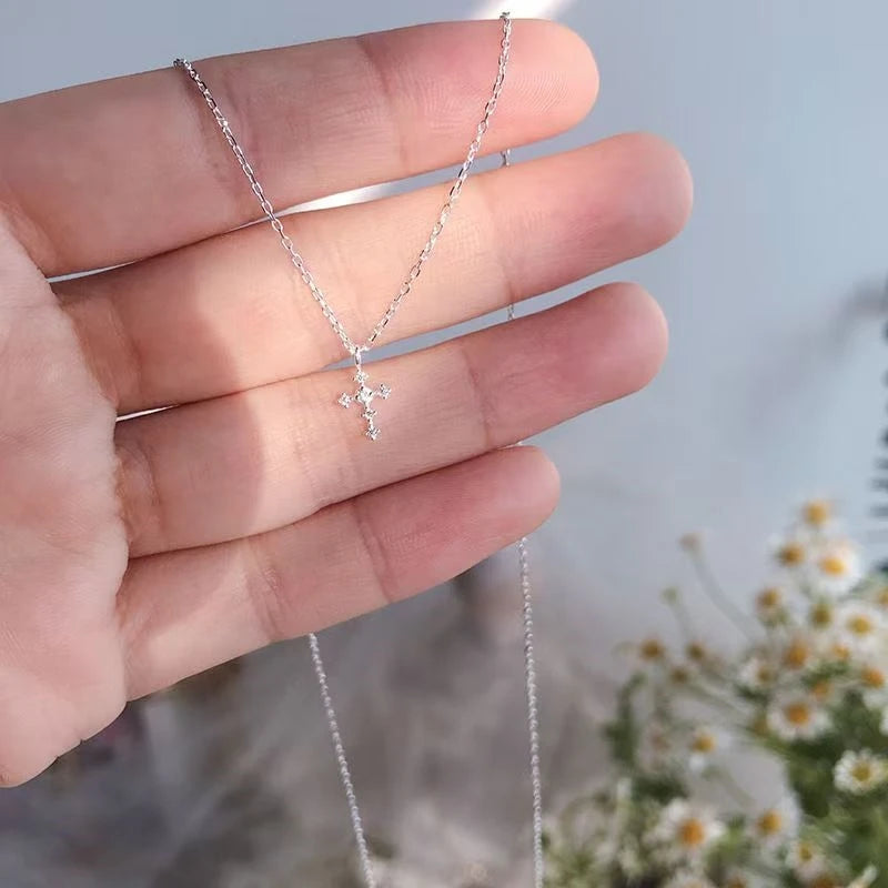 Real 925 Sterling Silver Zircon Cross Pendant Necklaces for Women Minimalist Light Luxury Fine Jewelry Korea Cute Accessor - Floq & Raman