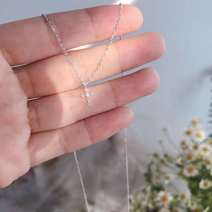 Real 925 Sterling Silver Zircon Cross Pendant Necklaces for Women Minimalist Light Luxury Fine Jewelry Korea Cute Accessor - Floq & Raman