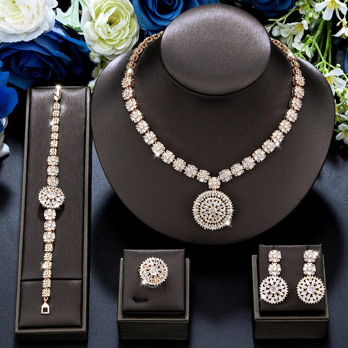 Elegant 4-Piece Wedding Jewelry Set for Women | African Zirconia Round Necklace, Bracelet, Earrings & Ring Bridal Set - Floq & Raman